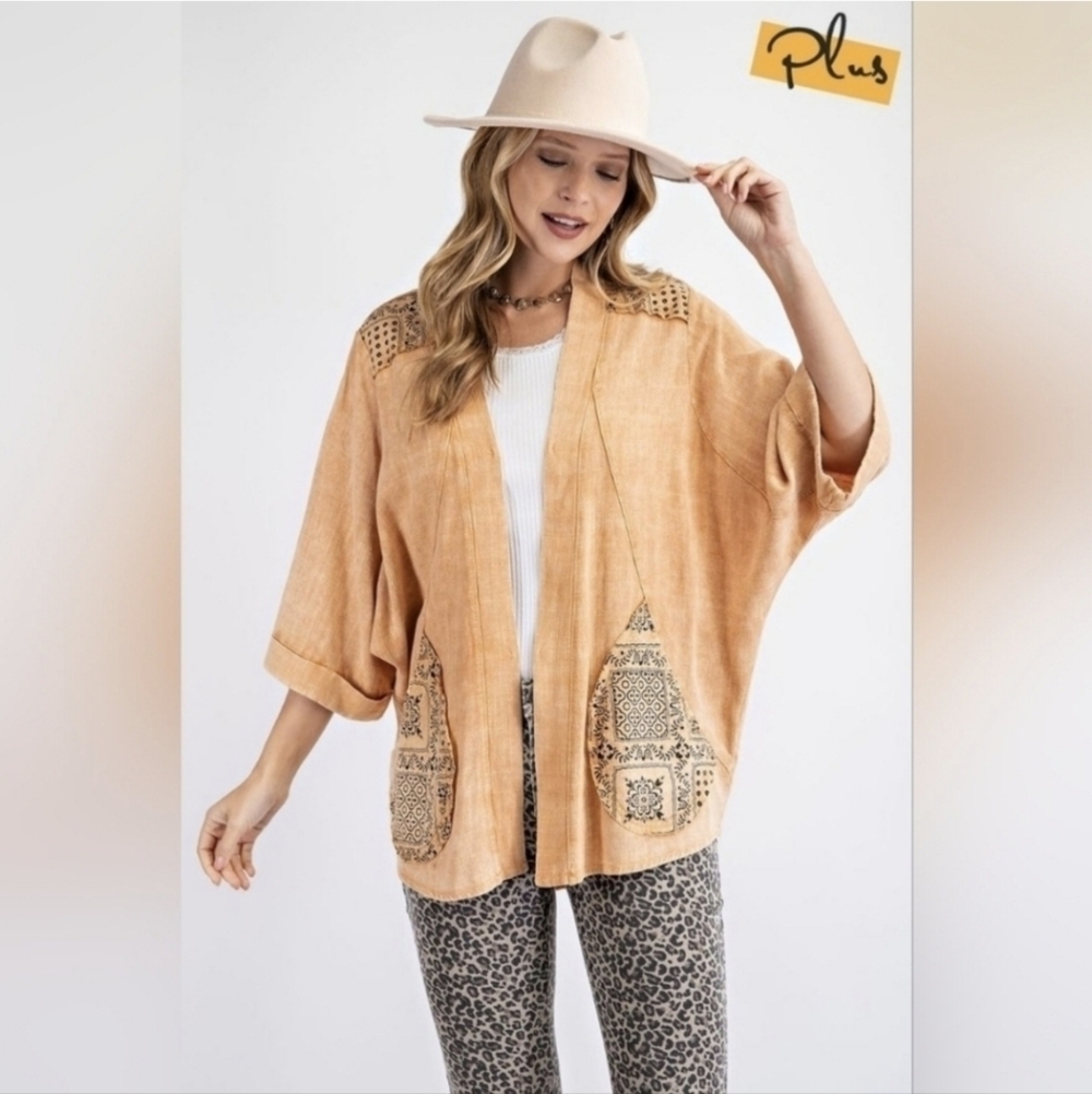 Easel Cotton Kimono Jacket with Contrast Print Pockets, Size 2X. NWT